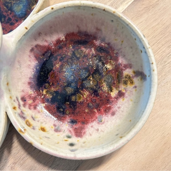 Handmade Studio Pottery Triple Bowl Dish – Abstract Glaze, Unique Serveware - Picture 10 of 12